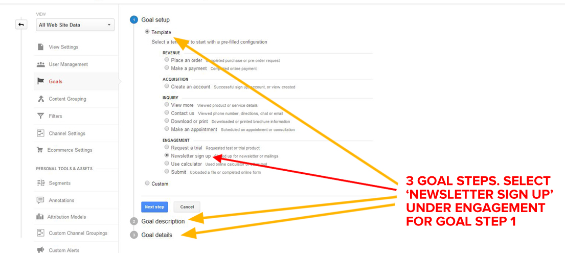 setting up a goal in google analytics