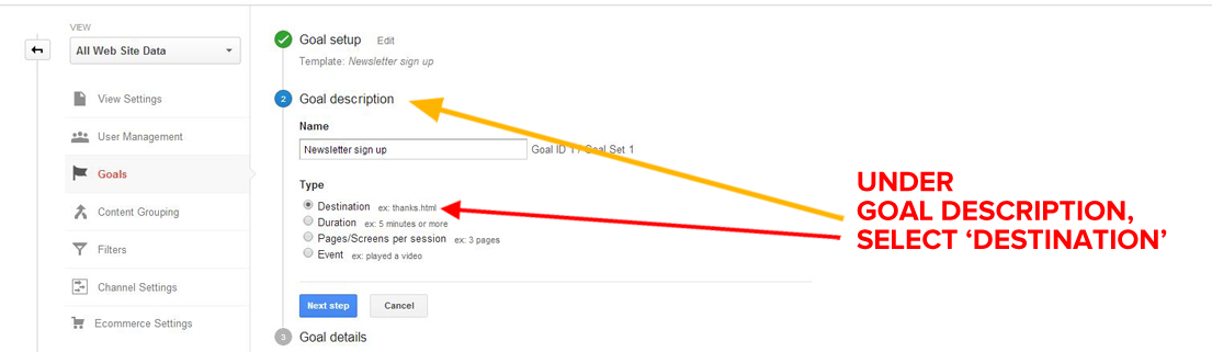 naming your goal in google analytics